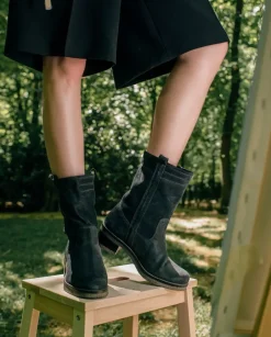 PORRONET Botines Mujer|Botas Planas Carbon Con Tiradores Paula