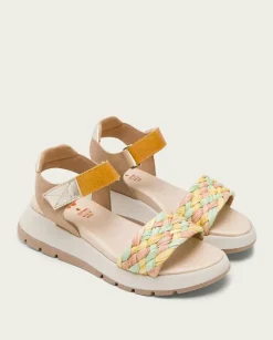 PORRONET Sandalias Planas|Plataforma De Piel Y Tejido En Colores Edurne