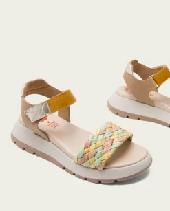 PORRONET Sandalias Planas|Plataforma De Piel Y Tejido En Colores Edurne