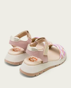 PORRONET Sandalias Planas|Plataforma De Piel Y Tejido Rosa Edurne