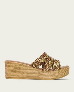 PORRONET Sandalias Cuña|Sandalia Cuña Con Pala Textil Cuero Platino Ivana
