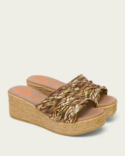 PORRONET Sandalias Cuña|Sandalia Cuña Con Pala Textil Cuero Platino Ivana