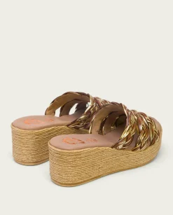 PORRONET Sandalias Cuña|Sandalia Cuña Con Pala Textil Cuero Platino Ivana