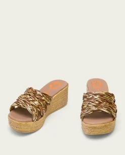 PORRONET Sandalias Cuña|Sandalia Cuña Con Pala Textil Cuero Platino Ivana