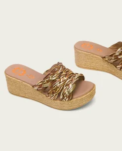 PORRONET Sandalias Cuña|Sandalia Cuña Con Pala Textil Cuero Platino Ivana
