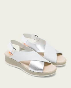 PORRONET Sandalias Cuña|Sandalia Cuña Piel Blanco Plata Flora