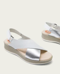 PORRONET Sandalias Cuña|Sandalia Cuña Piel Blanco Plata Flora