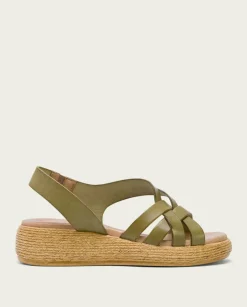 PORRONET Sandalias Cuña|Sandalia Cuña Piel Kaki Ganga