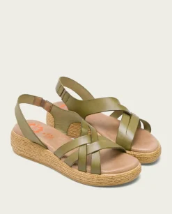 PORRONET Sandalias Cuña|Sandalia Cuña Piel Kaki Ganga
