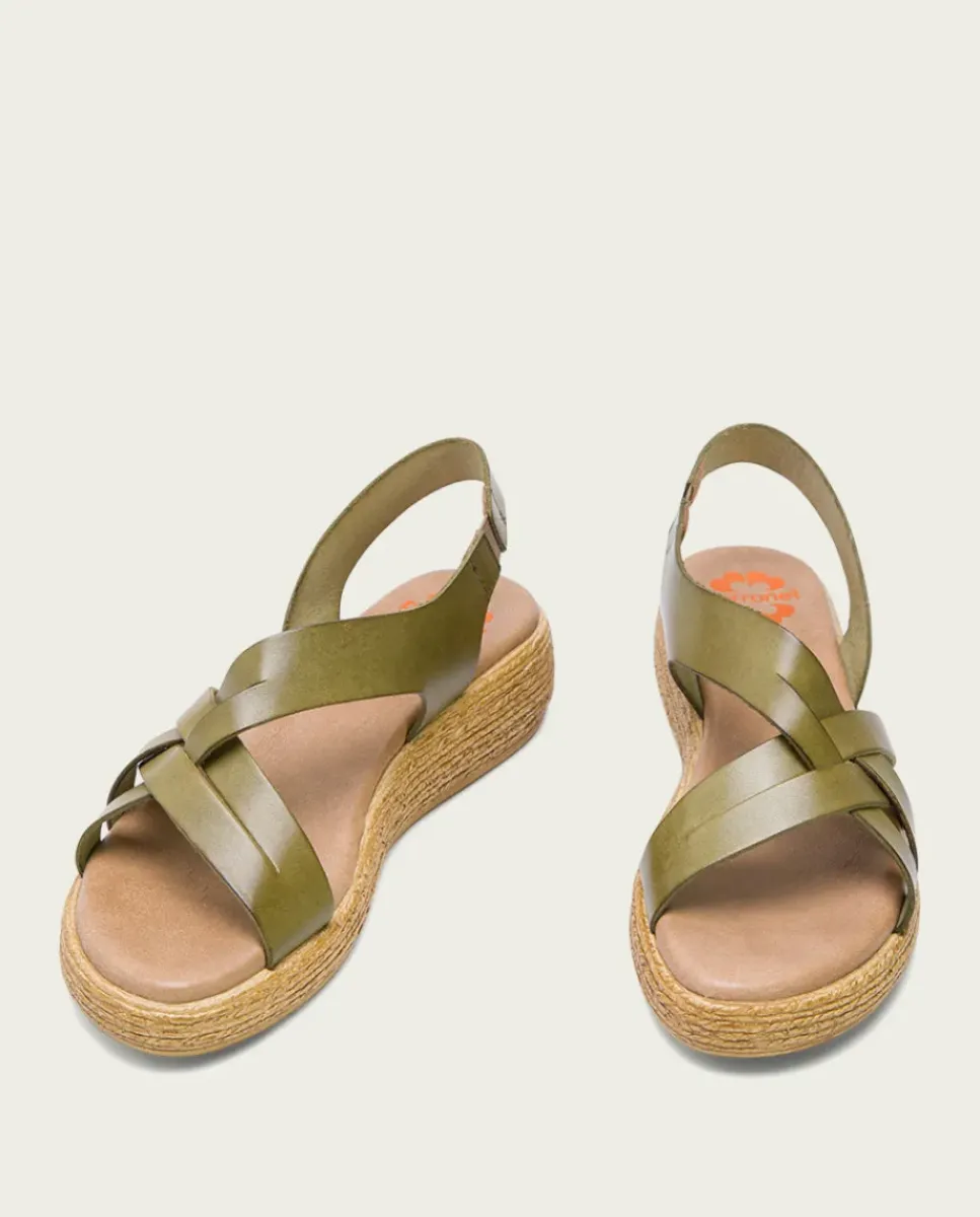 PORRONET Sandalias Cuña|Sandalia Cuña Piel Kaki Ganga