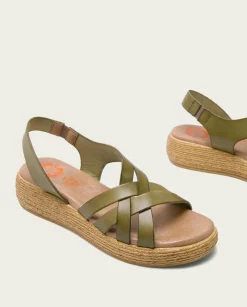 PORRONET Sandalias Cuña|Sandalia Cuña Piel Kaki Ganga