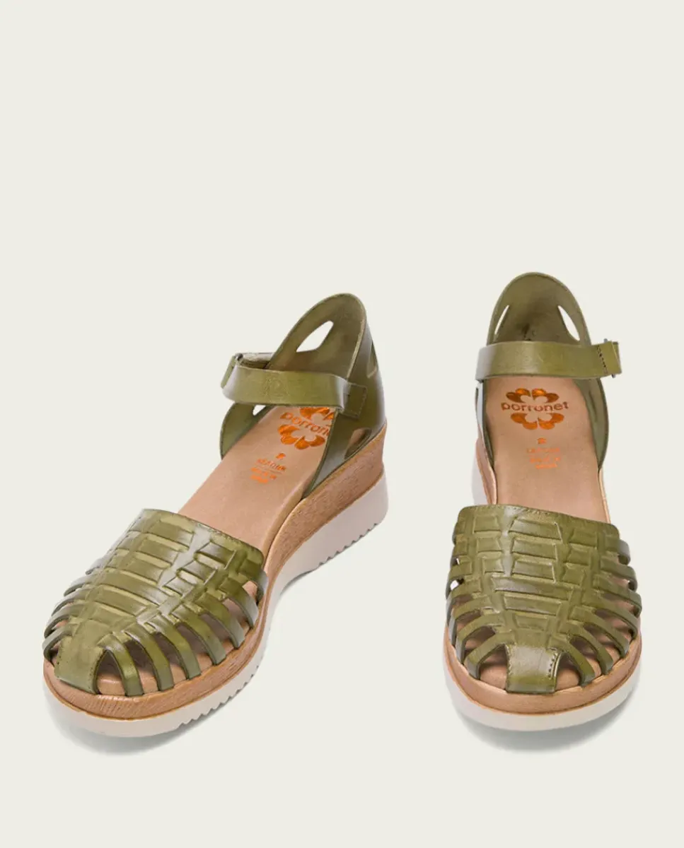 PORRONET Sandalias Cuña|Sandalia Cuña Piel Kaki Liliana