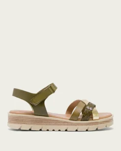 PORRONET Sandalias Planas|Sandalia Cuña Piel Kaki Platino Belinda