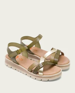 PORRONET Sandalias Planas|Sandalia Cuña Piel Kaki Platino Belinda