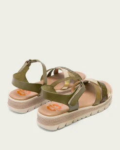 PORRONET Sandalias Planas|Sandalia Cuña Piel Kaki Platino Belinda