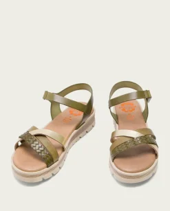 PORRONET Sandalias Planas|Sandalia Cuña Piel Kaki Platino Belinda