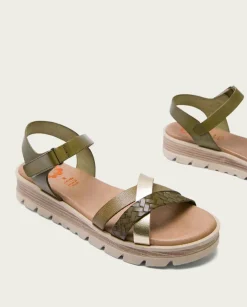 PORRONET Sandalias Planas|Sandalia Cuña Piel Kaki Platino Belinda