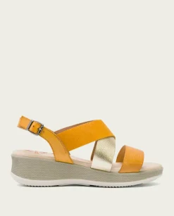 PORRONET Sandalias Planas|Sandalia Cuña Piel Mostaza Platino Fiama