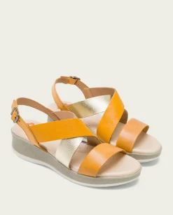 PORRONET Sandalias Planas|Sandalia Cuña Piel Mostaza Platino Fiama