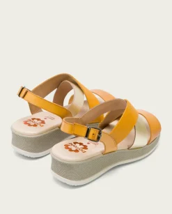 PORRONET Sandalias Planas|Sandalia Cuña Piel Mostaza Platino Fiama