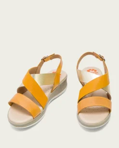 PORRONET Sandalias Planas|Sandalia Cuña Piel Mostaza Platino Fiama