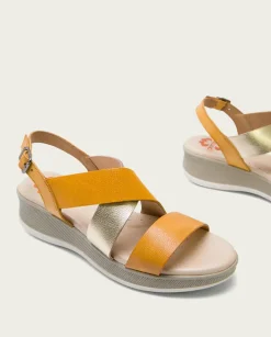 PORRONET Sandalias Planas|Sandalia Cuña Piel Mostaza Platino Fiama