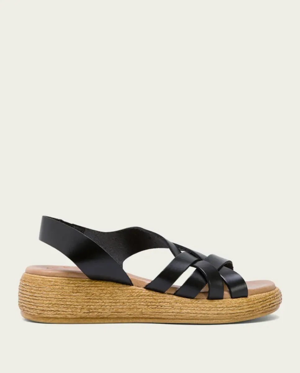 PORRONET Sandalias Cuña|Sandalia Cuña Piel Negra Ganga