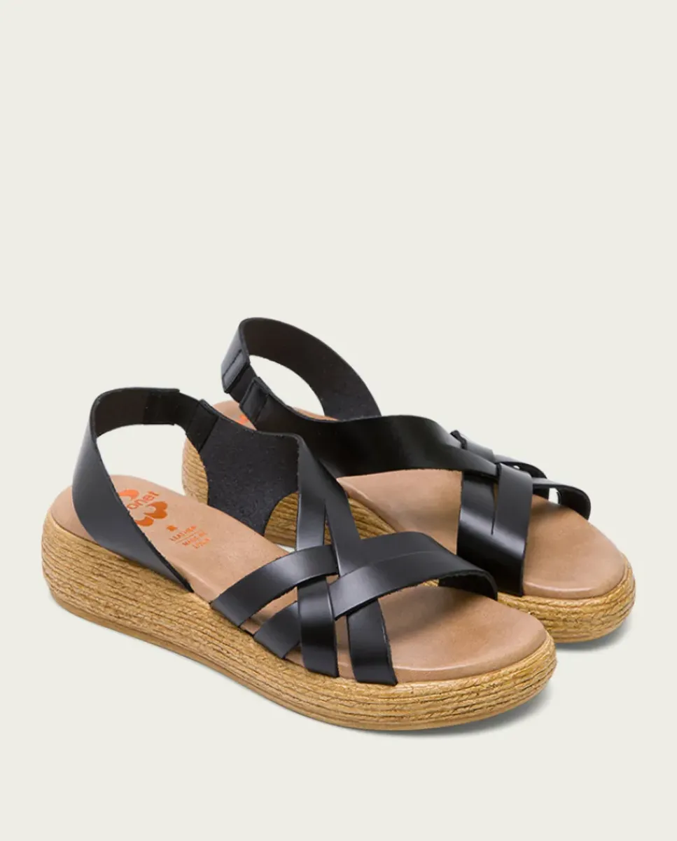 PORRONET Sandalias Cuña|Sandalia Cuña Piel Negra Ganga