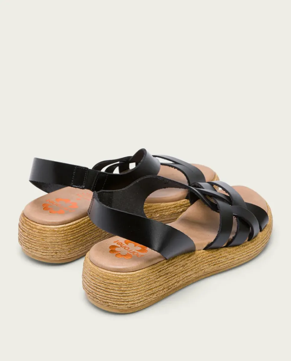 PORRONET Sandalias Cuña|Sandalia Cuña Piel Negra Ganga