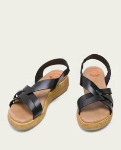 PORRONET Sandalias Cuña|Sandalia Cuña Piel Negra Ganga