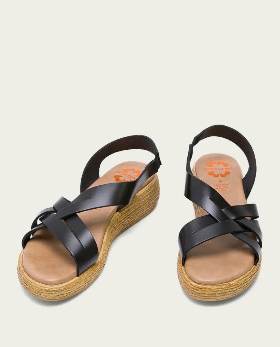 PORRONET Sandalias Cuña|Sandalia Cuña Piel Negra Ganga