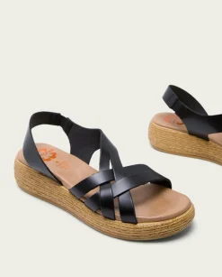 PORRONET Sandalias Cuña|Sandalia Cuña Piel Negra Ganga