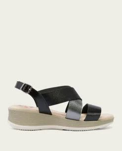 PORRONET Sandalias Cuña|Sandalia Cuña Piel Negro Plomo Fiama