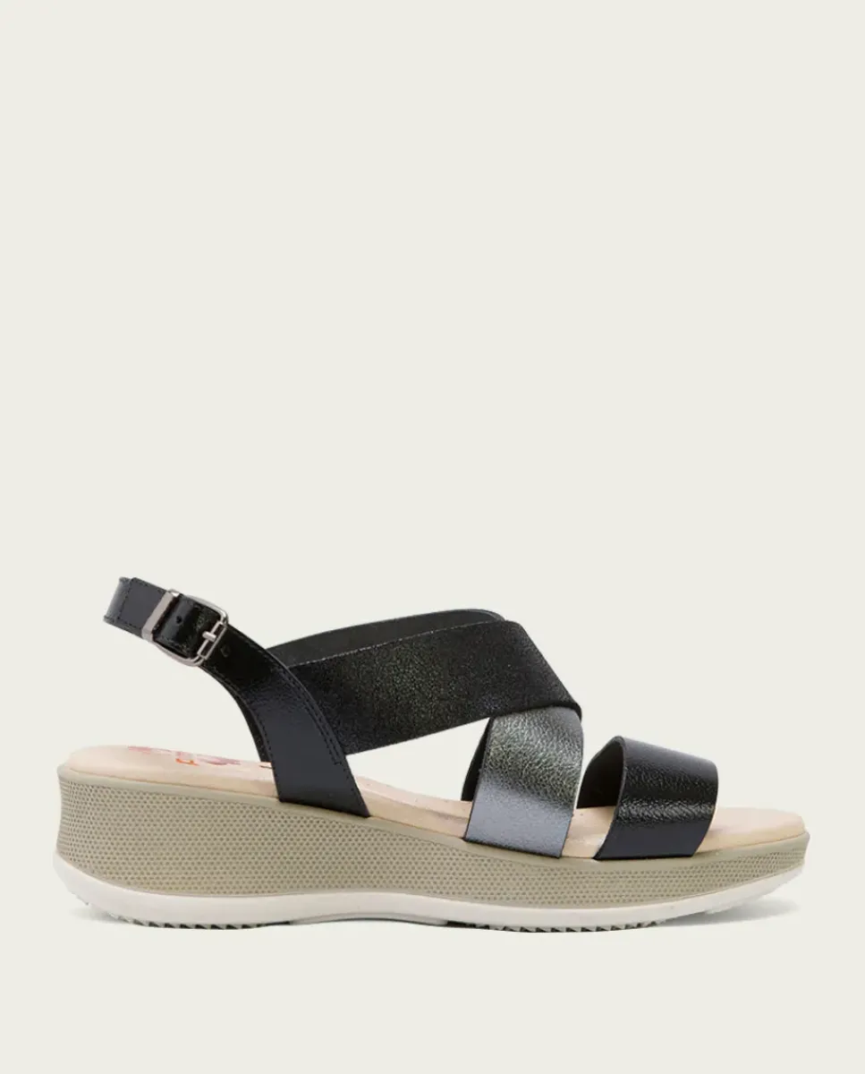 PORRONET Sandalias Cuña|Sandalia Cuña Piel Negro Plomo Fiama
