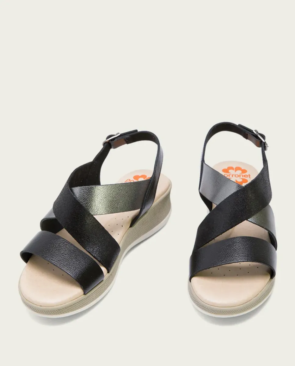 PORRONET Sandalias Cuña|Sandalia Cuña Piel Negro Plomo Fiama