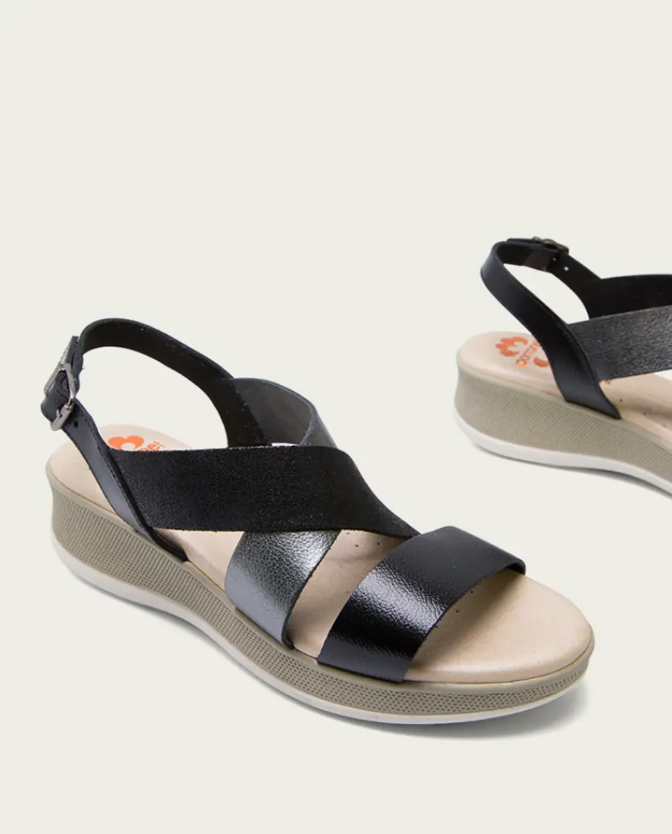 PORRONET Sandalias Cuña|Sandalia Cuña Piel Negro Plomo Fiama