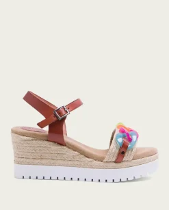 PORRONET Sandalias Cuña|Sandalia Cuña Piel Rafia Cuero-Colores Lola
