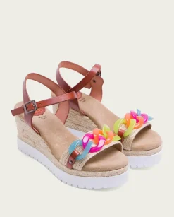 PORRONET Sandalias Cuña|Sandalia Cuña Piel Rafia Cuero-Colores Lola