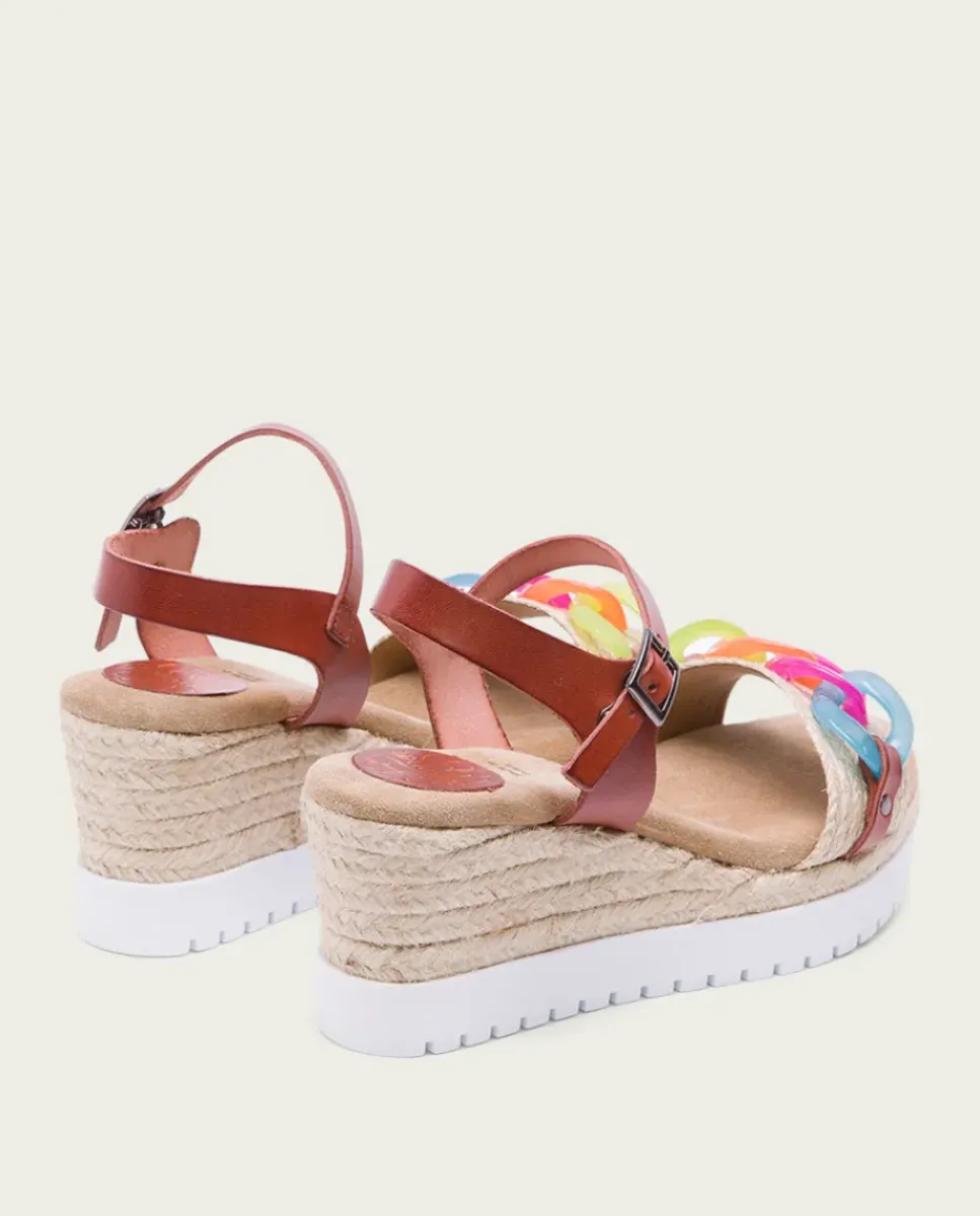 PORRONET Sandalias Cuña|Sandalia Cuña Piel Rafia Cuero-Colores Lola