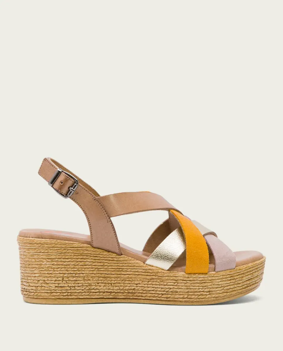PORRONET Sandalias Cuña|Sandalia Cuña Piel Taupe Platino Iris