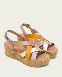 PORRONET Sandalias Cuña|Sandalia Cuña Piel Taupe Platino Iris