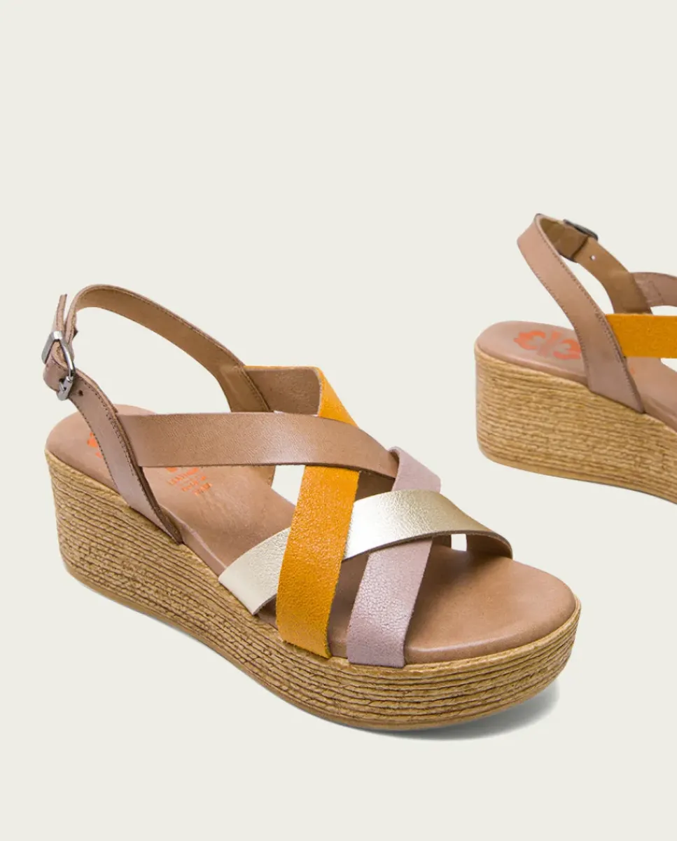 PORRONET Sandalias Cuña|Sandalia Cuña Piel Taupe Platino Iris