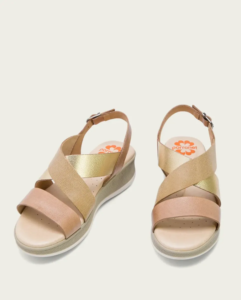 PORRONET Sandalias Cuña|Sandalia Cuña Piel Taupe Platino Fiama