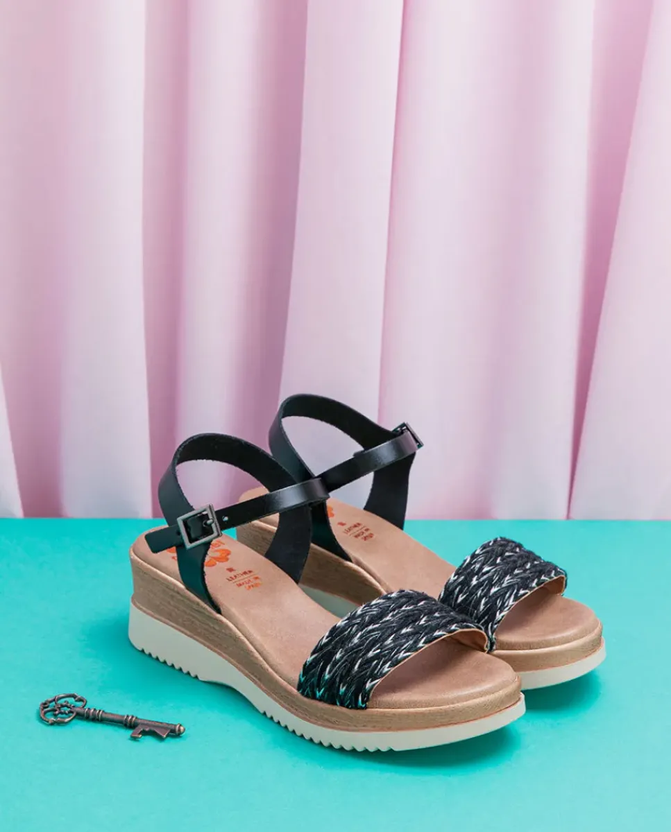 PORRONET Sandalias Cuña|Sandalia Cuña Piel Y Tejido Negro Lara