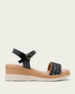 PORRONET Sandalias Cuña|Sandalia Cuña Piel Y Tejido Negro Lara