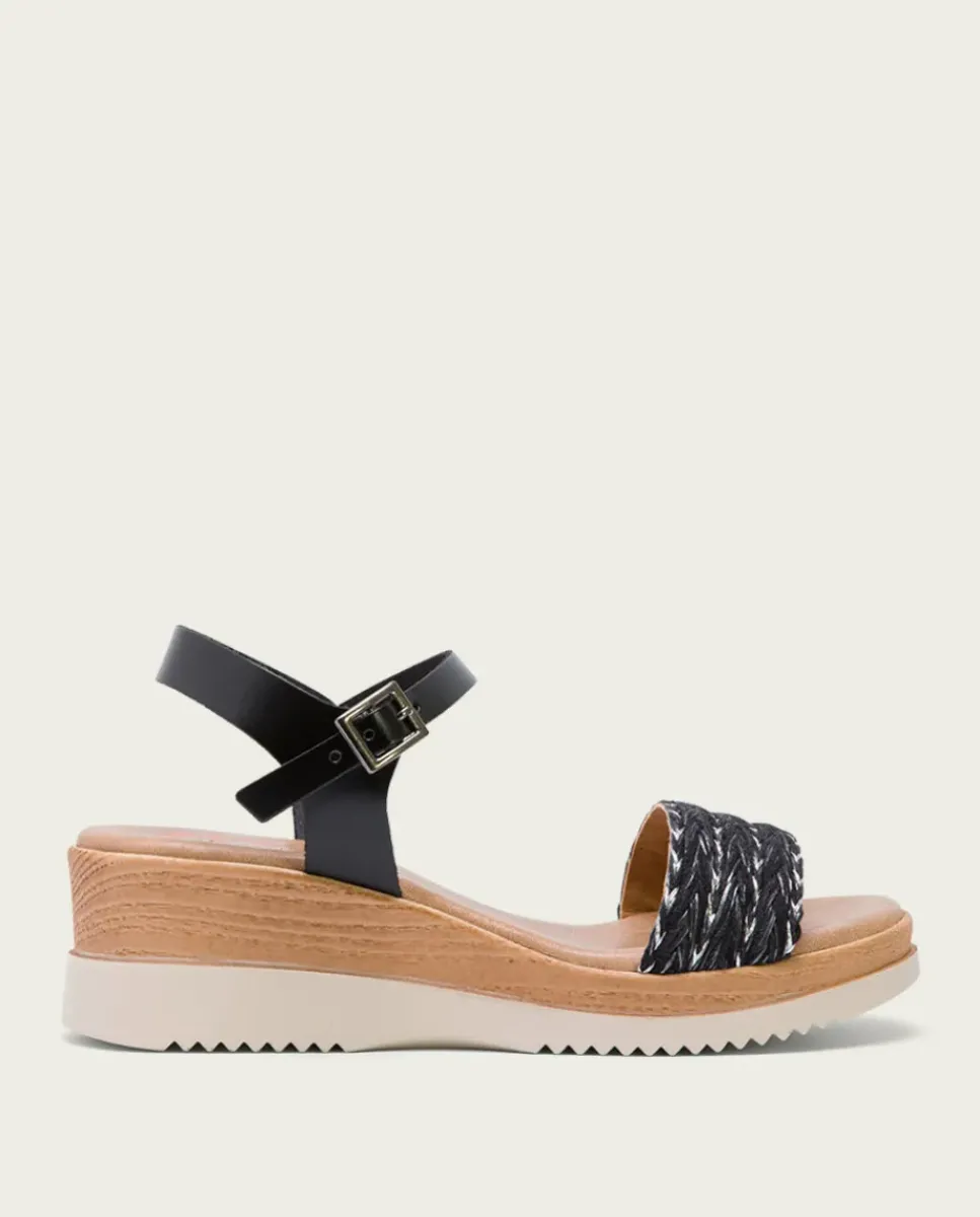 PORRONET Sandalias Cuña|Sandalia Cuña Piel Y Tejido Negro Lara