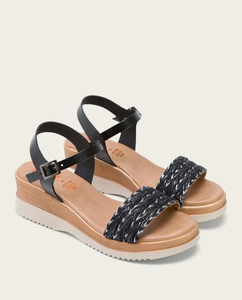 PORRONET Sandalias Cuña|Sandalia Cuña Piel Y Tejido Negro Lara