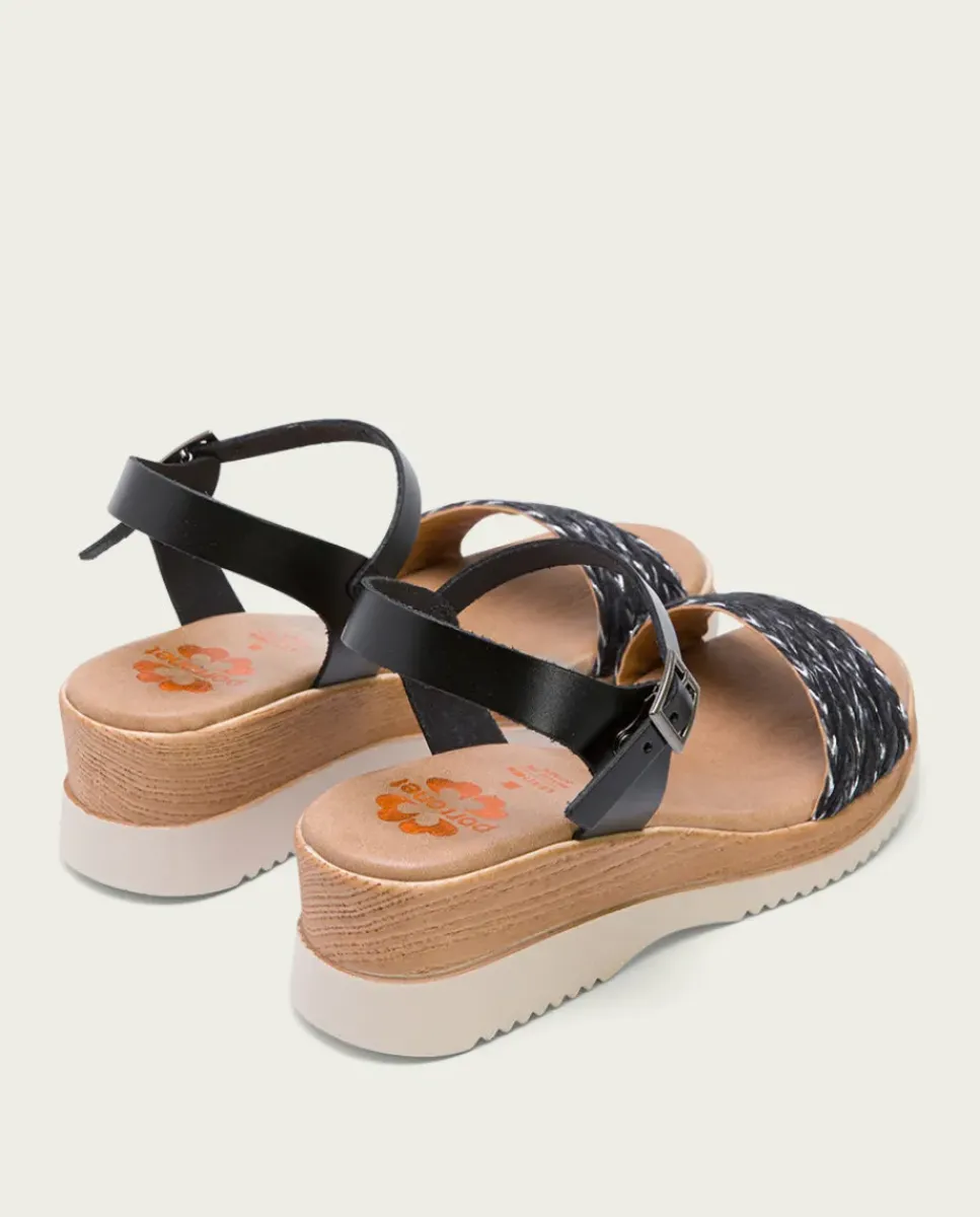 PORRONET Sandalias Cuña|Sandalia Cuña Piel Y Tejido Negro Lara