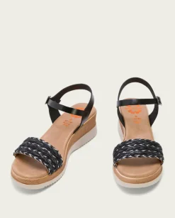 PORRONET Sandalias Cuña|Sandalia Cuña Piel Y Tejido Negro Lara