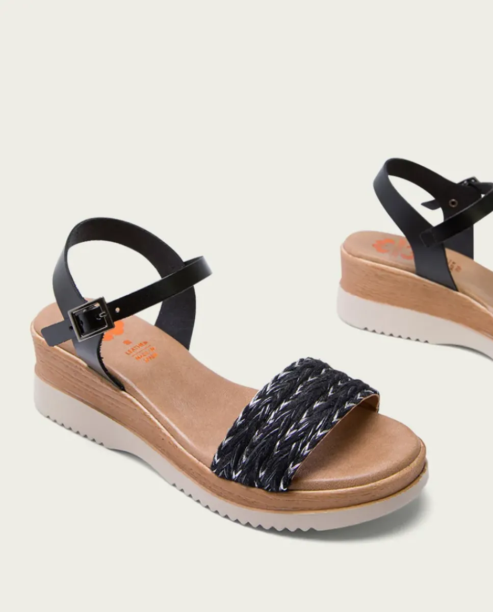 PORRONET Sandalias Cuña|Sandalia Cuña Piel Y Tejido Negro Lara